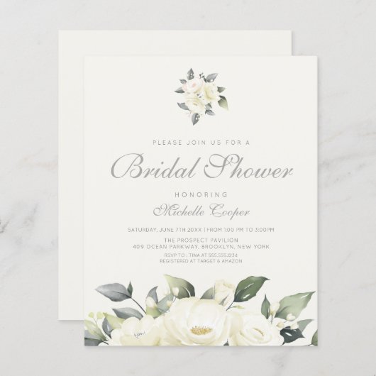 Budget White Rose Floral Bridal Shower Invitation (Voorkant / Achterkant)