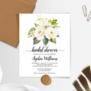 Budget White Rose Flowers Bridal Shower Uitnodigin