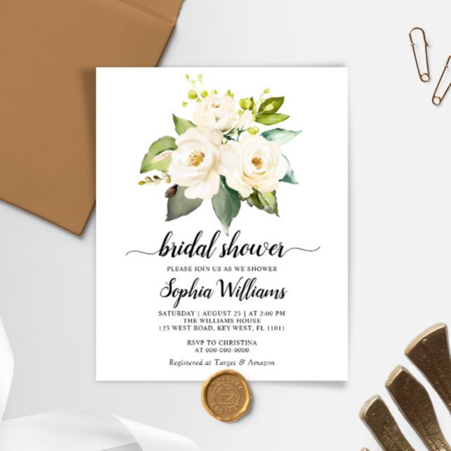 Budget White Rose Flowers Bridal Shower Uitnodigin (Creator heeft geüpload)