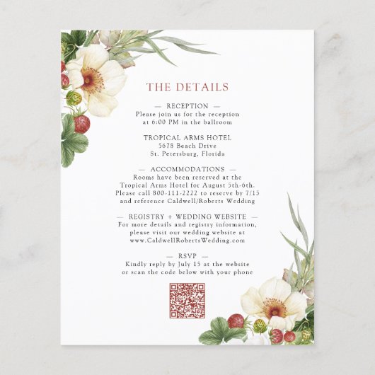 Budget White Rose Wild Strawberry Wedding Uitnodig (Achterkant)