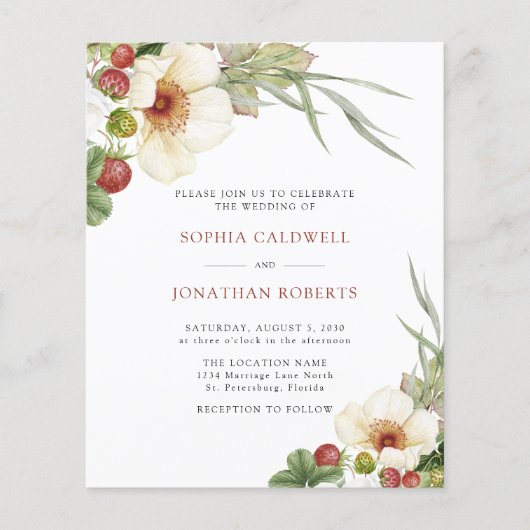 Budget White Rose Wild Strawberry Wedding Uitnodig (Voorkant)
