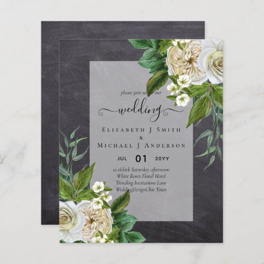 BUDGET WHITE ROSEERT UITNODIGINGEN WEDDING CHIC (Voorkant / Achterkant)