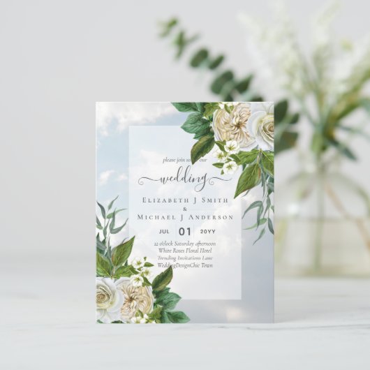 BUDGET WHITE ROSEERT UITNODIGINGEN WEDDING CHIC (Staand voorkant)
