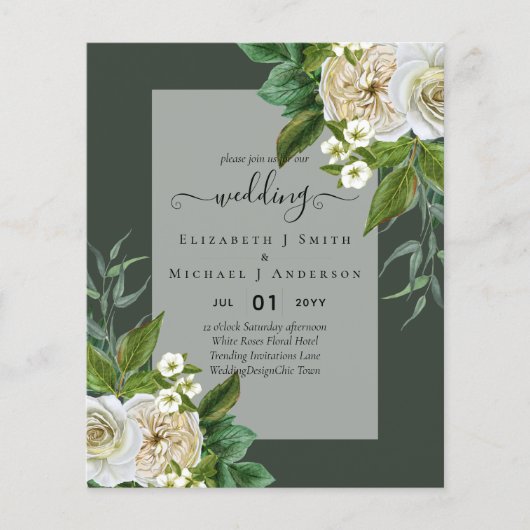 BUDGET WHITE ROSEERT UITNODIGINGEN WEDDING CHIC FLYER (Voorkant)