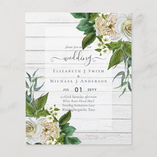 BUDGET WHITE ROSEERT UITNODIGINGEN WEDDING CHIC FLYER (Voorkant)