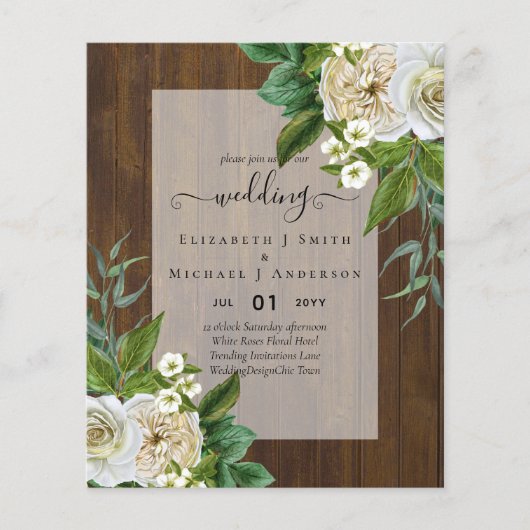 BUDGET WHITE ROSEERT UITNODIGINGEN WEDDING CHIC FLYER (Voorkant)