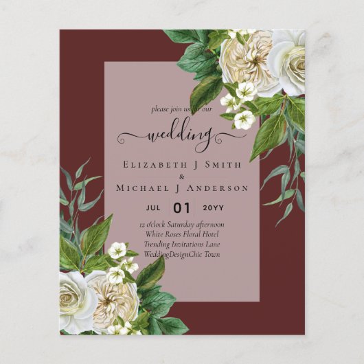 BUDGET WHITE ROSEERT UITNODIGINGEN WEDDING CHIC FLYER (Voorkant)