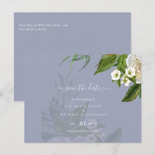 Budget White Roses Dusty Blue Wedding Briefkaart (Voorkant / Achterkant)