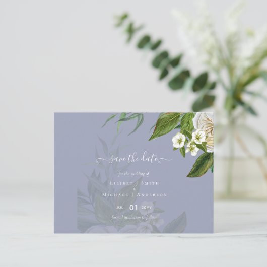 Budget White Roses Dusty Blue Wedding Briefkaart (Staand voorkant)