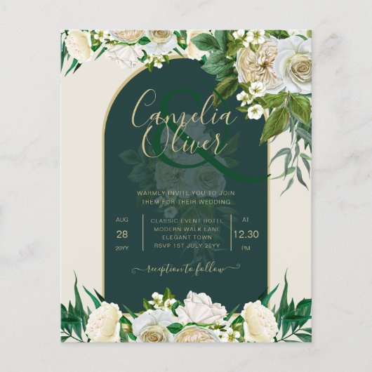 BUDGET White Roses Forest Green Winter Weddenschap (Voorkant)