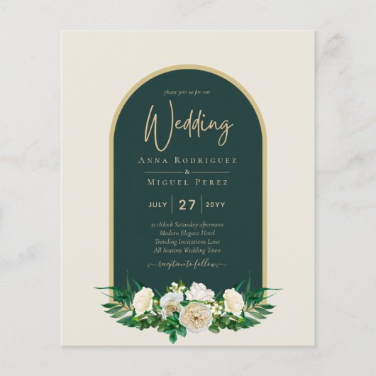 BUDGET White Roses Forest Green Winter Weddenschap Flyer (Voorkant)