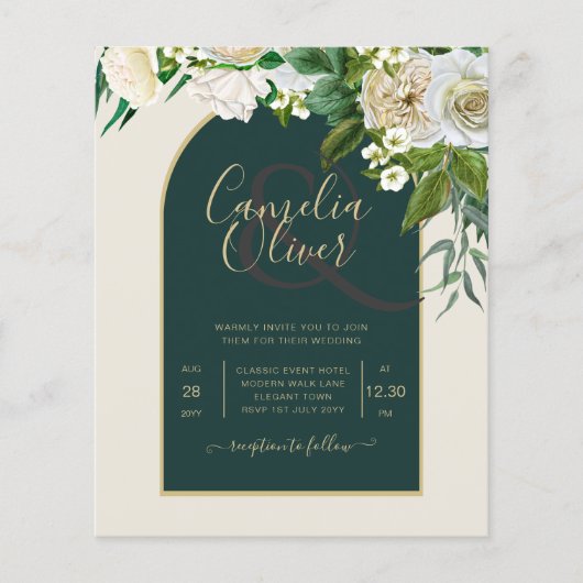BUDGET White Roses Forest Green Winter Weddenschap Flyer (Voorkant)