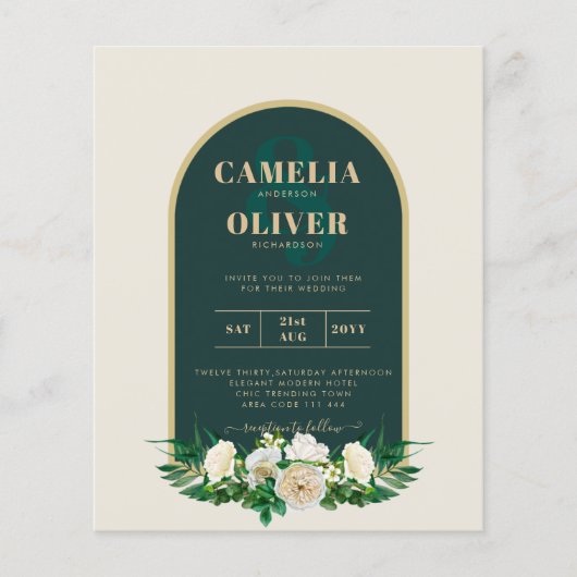 BUDGET White Roses Forest Green Winter Weddenschap Flyer (Voorkant)