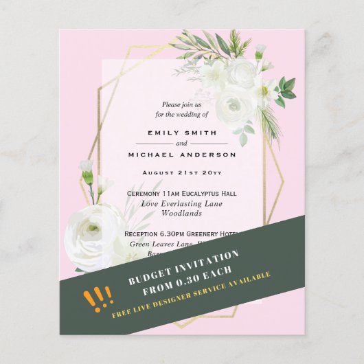 BUDGET White Roses Greenery Pink Wedding Invites Flyer (Voorkant)