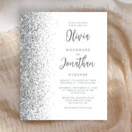 Budget White Silver Glitter Script Huwelijksuitnod