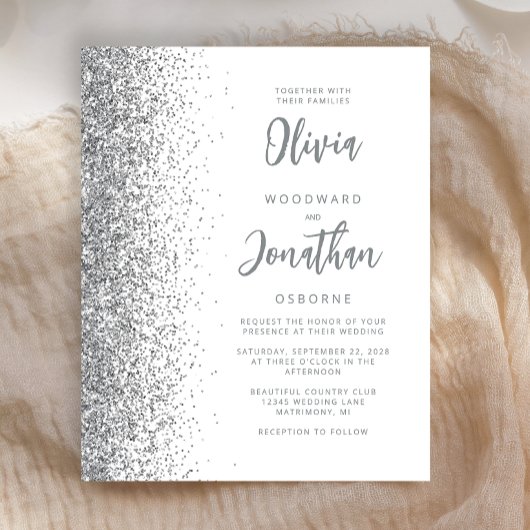 Budget White Silver Glitter Script Huwelijksuitnod