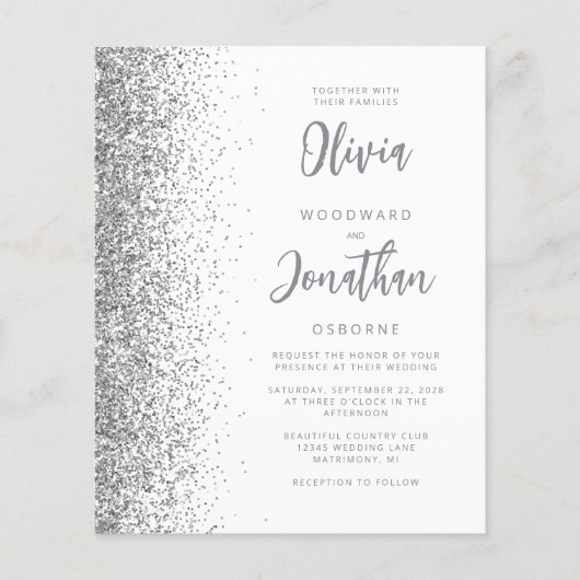 Budget White Silver Glitter Script Huwelijksuitnod (Voorkant)