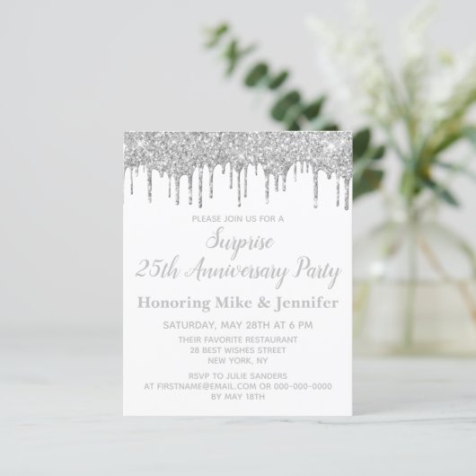 Budget White & Silver Surprise Jubileum Invite (Staand voorkant)