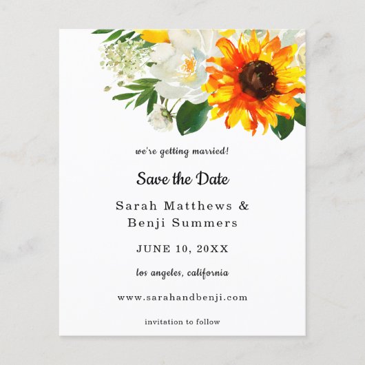 Budget White Sunflower & Whi Floral Save the Date Flyer (Voorkant)