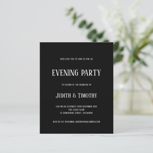 Budget White Text Black Evation Party Invitation (Staand voorkant)