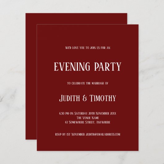 Budget White Text Burgundy Evening Party nodigt ui (Voorkant / Achterkant)