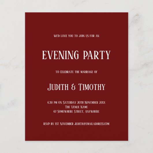 Budget White Text Burgundy Evening Party nodigt ui (Voorkant)