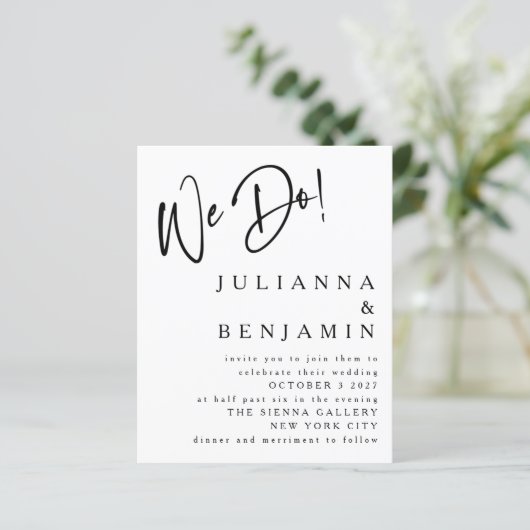 Budget Wij doen Elegant Zwart Wit Bruiloft Uitnodi (Staand voorkant)