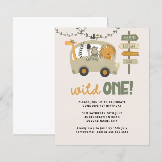 Budget Wild One Safari Animals 1e verjaardag Uitno (Voorkant / Achterkant)