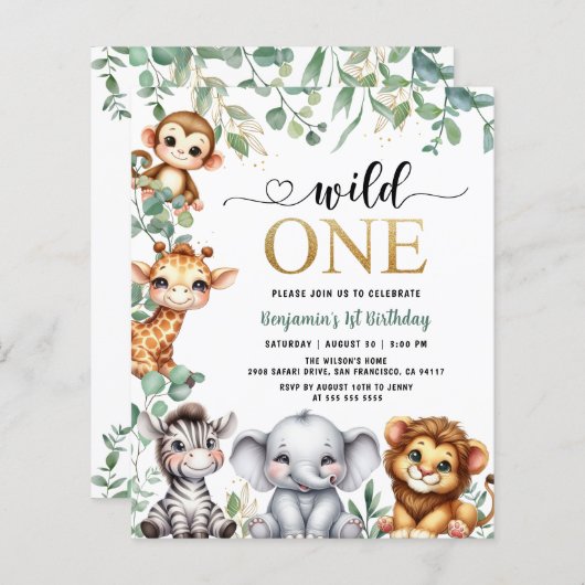 Budget Wild One Safari Animals 1e verjaardag Uitno (Voorkant / Achterkant)