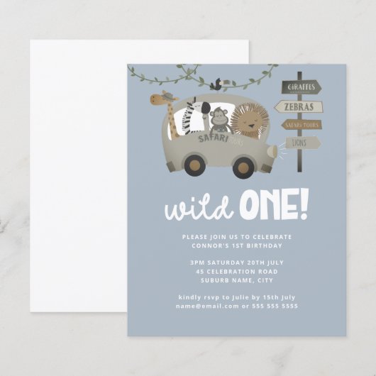 Budget Wild One Safari Blue Boy First Birthday (Voorkant / Achterkant)