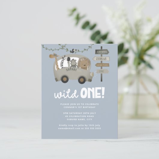 Budget Wild One Safari Blue Boy First Birthday (Staand voorkant)