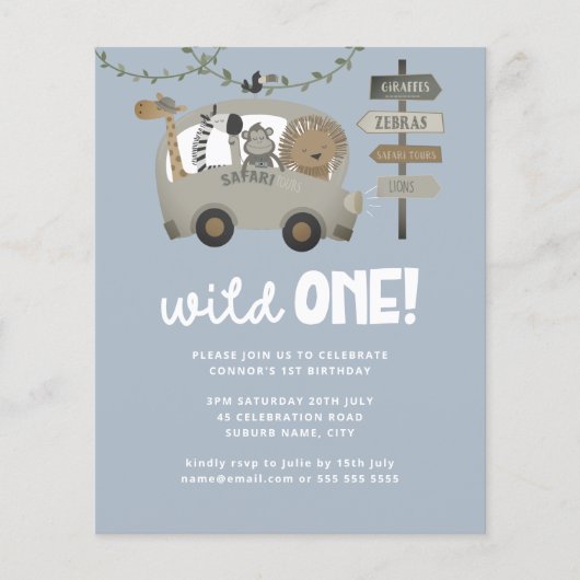 Budget Wild One Safari Blue Boy First Birthday (Voorkant)