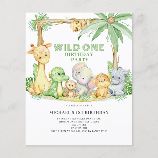 Budget Wild One Safari Dieren Verjaardag Uitnodigi Flyer (Voorkant)