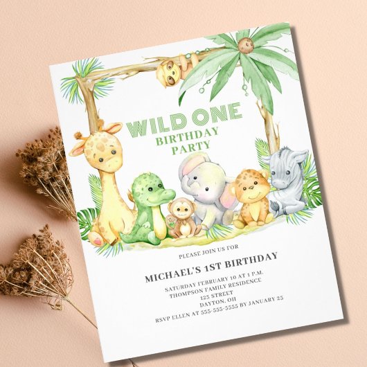 Budget Wild One Safari Dieren Verjaardag Uitnodigi Flyer