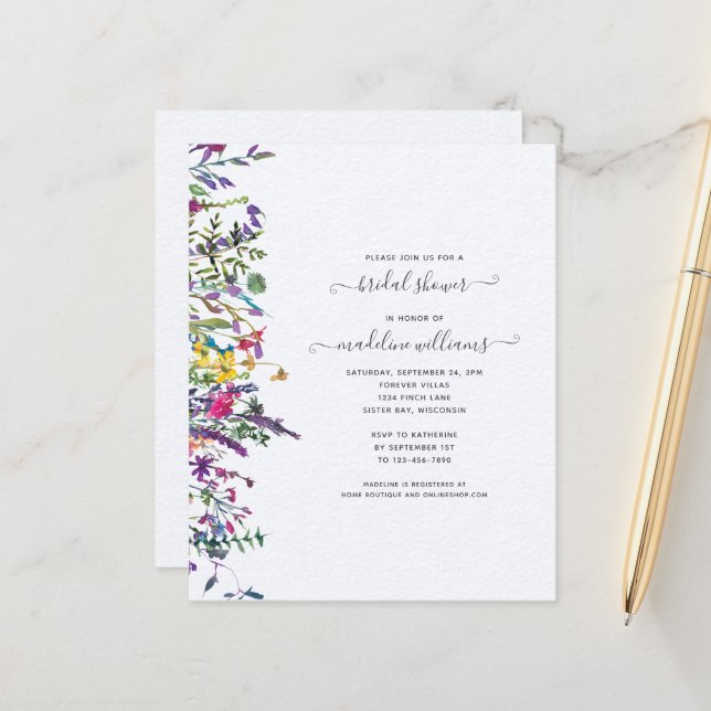 BUDGET Wildbloemen Floral Bridal Shower Uitnodigin (Voorkant / Achterkant in situ)