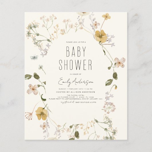Budget Wilde Bloem Boho Baby Shower Elegant Modern (Voorkant)