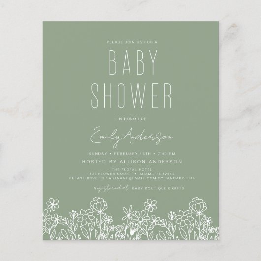 Budget Wilde Bloem Boho Baby Shower Saliegroen Flyer (Voorkant)