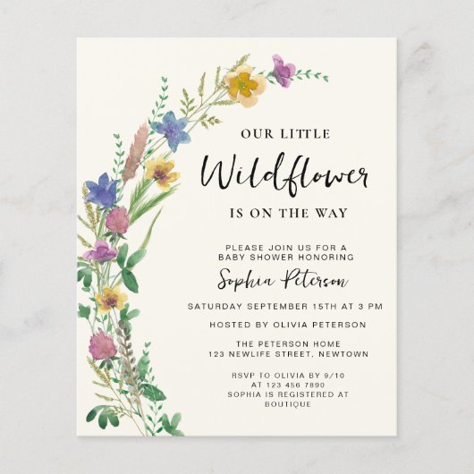 Budget Wilde Bloem Boho Baby Shower Uitnodiging (Voorkant)