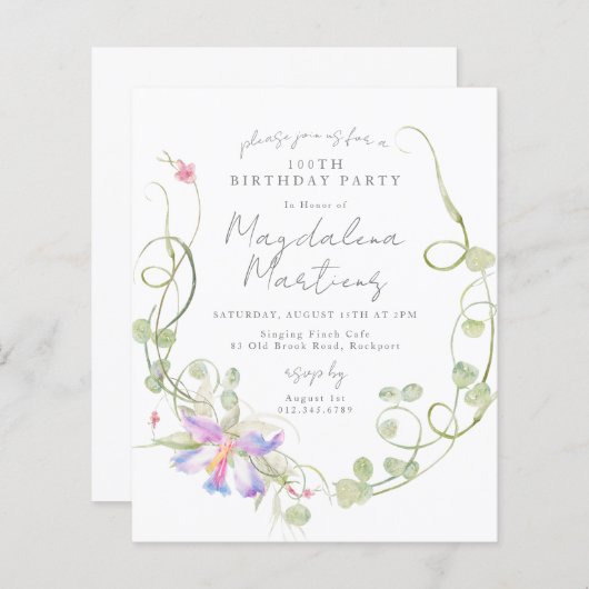 Budget Wildflower 100e verjaardag Uitnodiging (Voorkant / Achterkant)