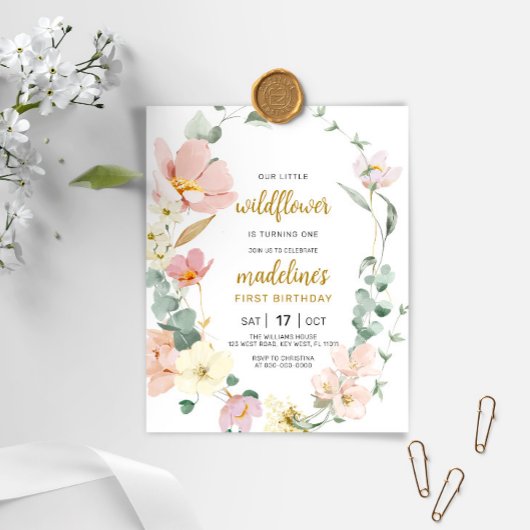 Budget Wildflower Baby 1e verjaardagsuitnodiging