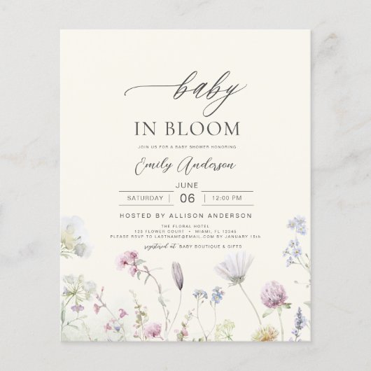 Budget Wildflower Baby in Bloom Uitnodiging (Voorkant)