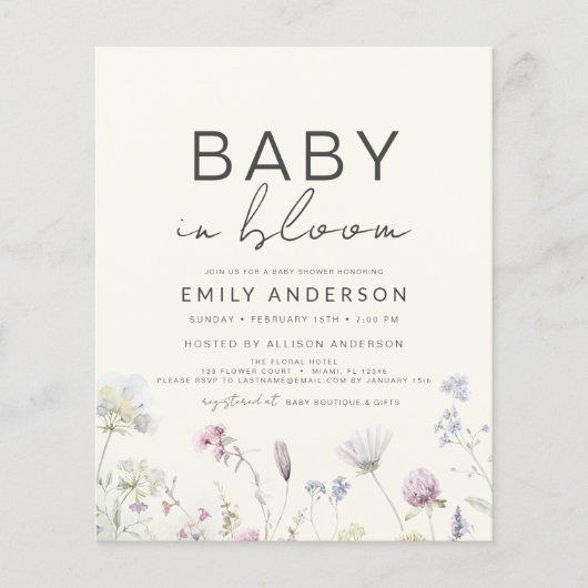 Budget Wildflower Baby in Bloom Uitnodiging (Voorkant)