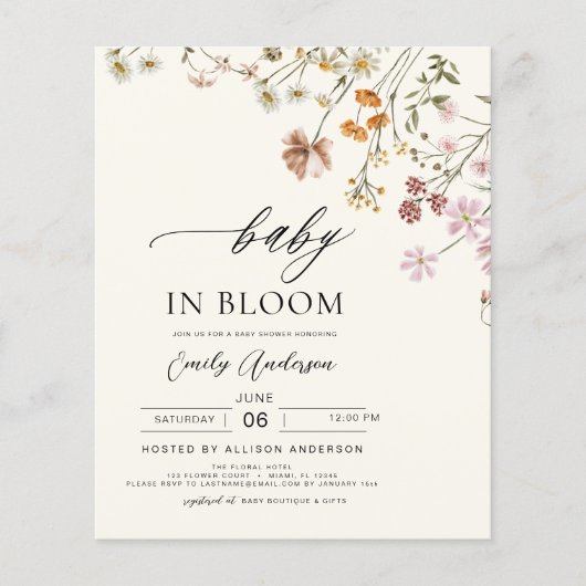 Budget Wildflower Baby in Bloom Uitnodiging Flyer (Voorkant)