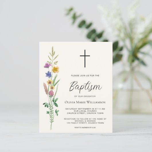 Budget Wildflower Baptism Uitnodiging (Staand voorkant)