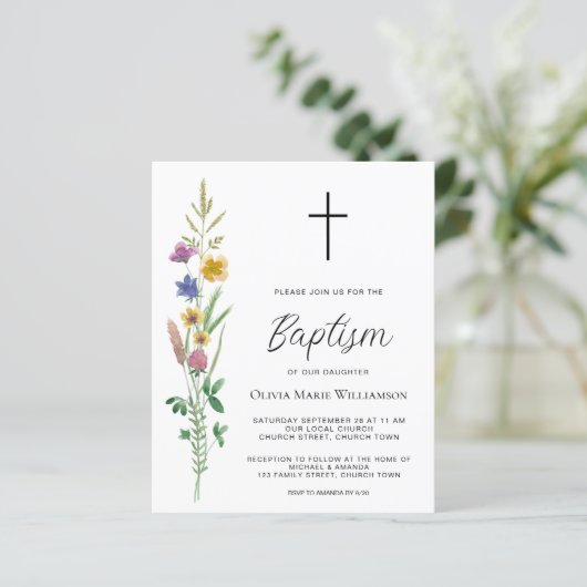Budget Wildflower Baptism Uitnodiging (Staand voorkant)