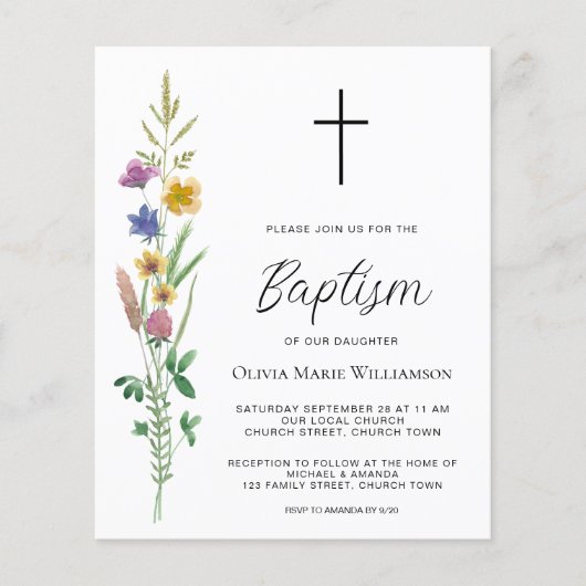 Budget Wildflower Baptism Uitnodiging (Voorkant)