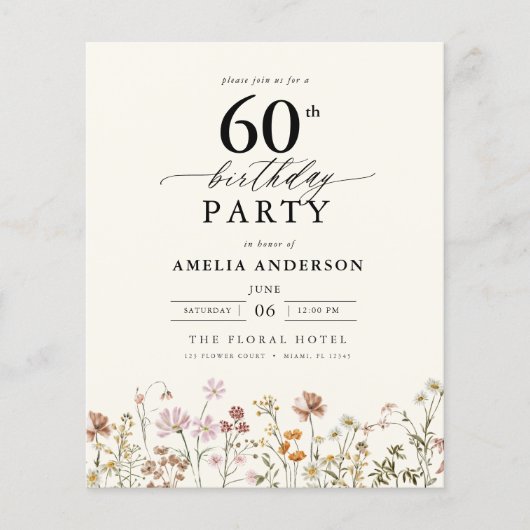Budget Wildflower Bloemen 60e verjaardag uitnodigi (Voorkant)