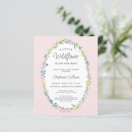 Budget Wildflower Bloemen Roze Baby shower Invite (Staand voorkant)