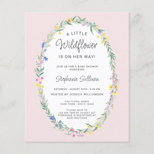 Budget Wildflower Bloemen Roze Baby shower Invite (Voorkant)