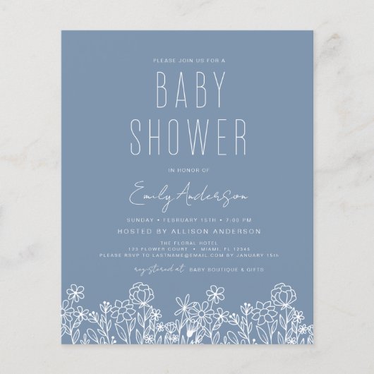 Budget Wildflower Boho Baby shower Dusty Blue (Voorkant)